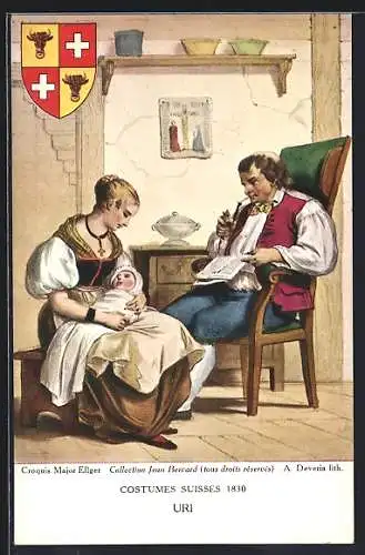 AK Paar in Trachten des Kantons Uri mit Säugling, Wappen, Schweizer Trachten 1830