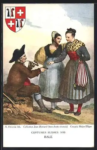 Künstler-AK Bale, Costumes suisses 1830, Mann mit Tabakpfeife und zwei Frauen in Tracht