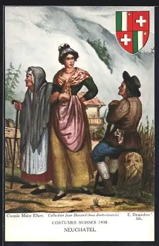 AK Neuchatel, Costumes Suisses 1830, schweizer Trachten und Wappen