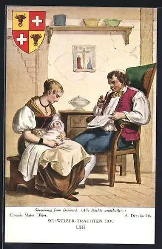 AK Paar in Trachten des Kantons Uri mit Säugling, Wappen, Schweizer Trachten 1830