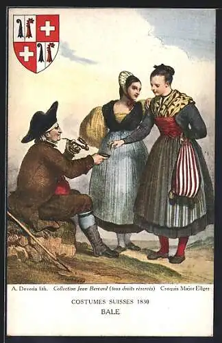 Künstler-AK Bale, Costumes suisses 1830, Mann mit Tabakpfeife und zwei Frauen in Tracht