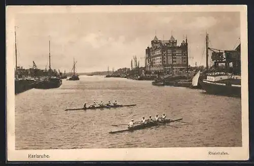 AK Karlsruhe, Ruderboote auf dem Rheinbeim Rheinhafen