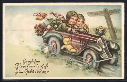 Lithographie Kleines Paar bei Autofahrt mit Blumen und Teddy