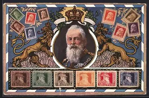 AK Prinzregent Luitpold, Briefmarken, Krone, Löwen halten Portrait