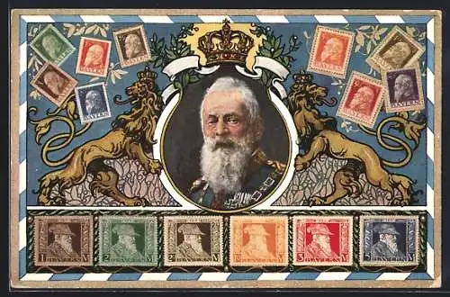 AK Prinzregent Luitpold, Briefmarken, Krone, Löwen halten Portrait