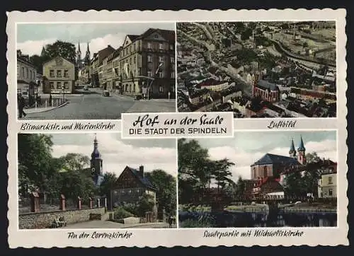 AK Hof an der Saale, Saalepartie mit Michaeliskirche, Lorenzkirche, Bismarckstrasse und Marienkirche