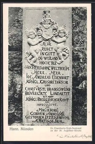 AK Hann. Münden, Dr. Eisenbarts-Grab-Denkmal an der St. Aegidien-Kirche