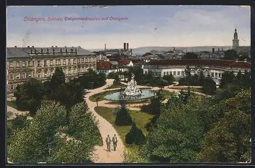 AK Erlangen, Schloss mit Emigrantenbrunnen und Orangerie