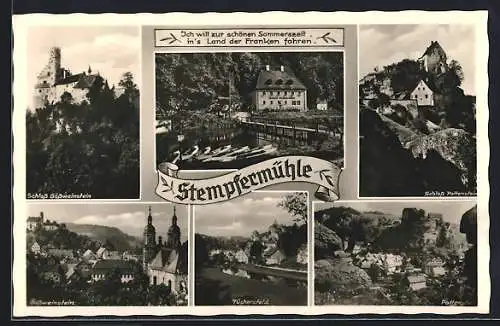 AK Gössweinstein /Fränk. Schweiz, Gasthof-Pension Stempfermühle K. Bächtle mit Brücke, Schloss, Ortsansicht