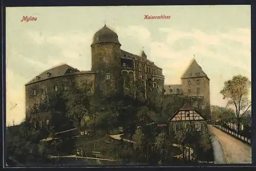 AK Mylau, Kaiserschloss mit Anlage und Strasse