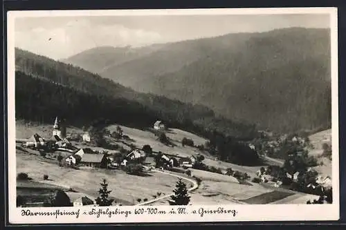 AK Warmensteinach /Fichtelgebirge, Ortsansicht mit Bergpanorama aus der Vogelschau