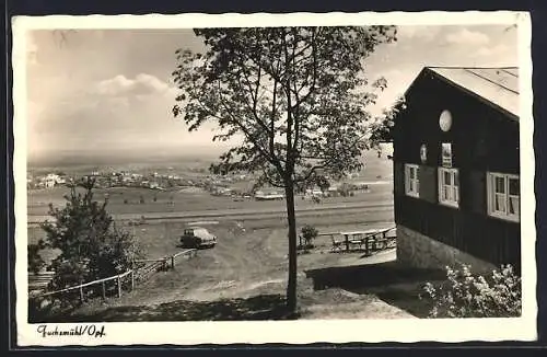 AK Fuchsmühl /Opf., Höhenrestaurant Brandhütte mit Blick zum Ort