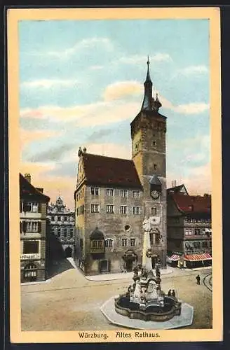 AK Würzburg, Altes Rathaus mit Geschäft und Brunnen