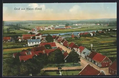 AK Haren /Ems, Ortsansicht mit Landstrasse u. Ems aus der Vogelschau