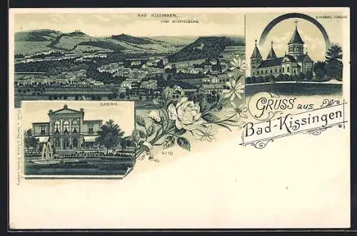 Lithographie Bad Kissingen, Ortsansicht vom Staffelberg aus, Casino