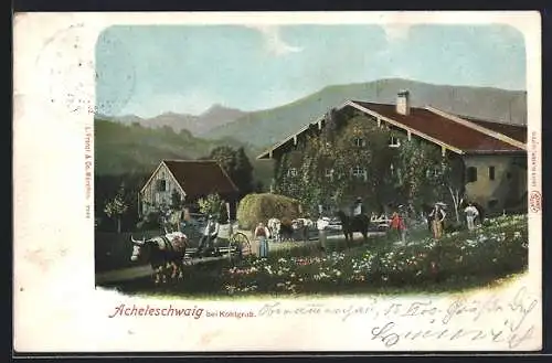 AK Saulgrub, Gasthaus Acheleschwaig, Bauernhof mit Ochsengespann & Heuwagen