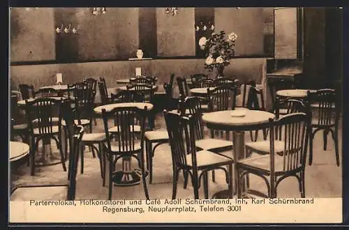 AK Regensburg, Gaststätte-Konditorei-Cafe Adolf Schürnbrand, Neupfarrplatz, Innenansicht