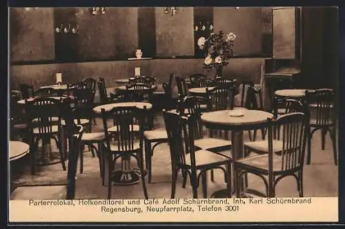 AK Regensburg, Gaststätte-Hofkonditorei-Cafe Adolf Schürnbrand, Neupfarrplatz, Innenansicht