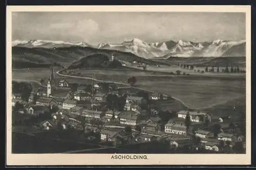 AK Ascholding, Ortsansicht mit Bergpanorama aus der Vogelschau