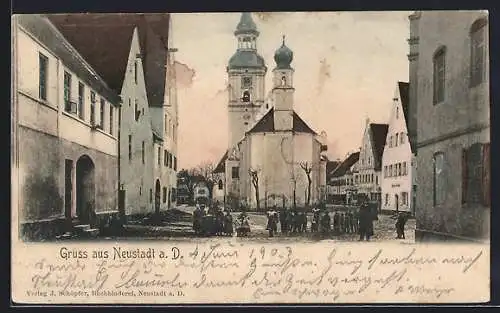 AK Neustadt a. D., Ortspartie mit Kirche