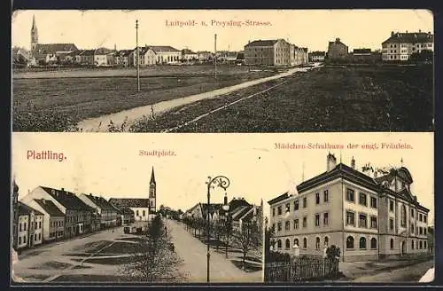 AK Plattling, Mädchen-Schulhaus der engl. Fräulein, Luitpold- u. Preysing-Strasse, Stadtplatz