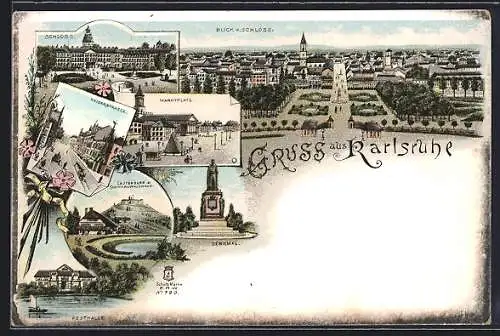 Lithographie Karlsruhe, Stadtansicht vom Schloss aus, Marktplatz, Kaiserstrasse, der Lauterberg