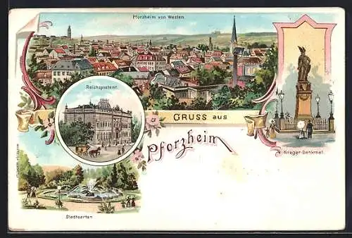 Lithographie Pforzheim, Panorama von Westen, Reichspostamt, Krieger-Denkmal, Stadtgarten