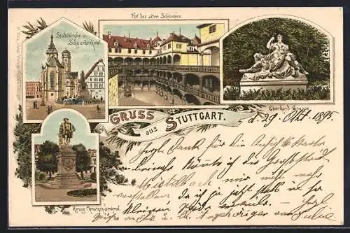 Lithographie Stuttgart, Herzog-Christoph-Denkmal, Hof des alten Schlosses, Stadtkiche u. Schillerdenkmal