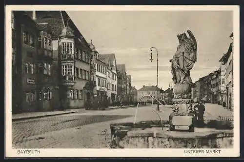 AK Bayreuth, Unterer Markt, Brunnen, Geschäfte