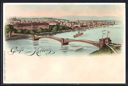 Lithographie Koblenz, Panoramablick über den Fluss unterm Sichelmond