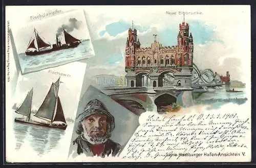 Lithographie Hamburg-Rothenburgsort, Hafenansichten, Fischdampfer, Fischewer, Neue Elbbrücke