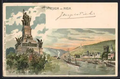 Lithographie Rüdesheim am Rhein, National Denkmal auf dem Niederwald und Rheinpanorama