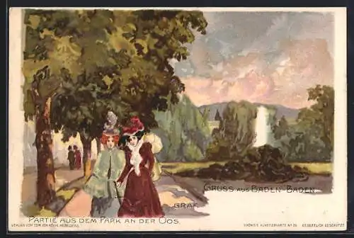 Lithographie Baden-Baden, Partie aus dem Park an der Oos