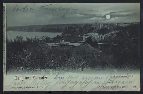 Mondschein-AK Berlin-Wannsee, Panorama mit dem See bei Nacht