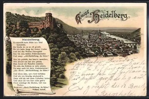 Lithographie Heidelberg, Ansicht mit Schloss und Gedicht v. William Schüff