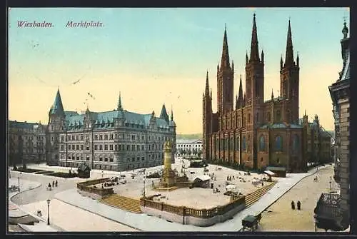 AK Wiesbaden, Marktplatz mit Denkmal