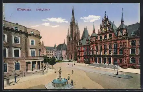 AK Wiesbaden, Brunnen auf dem Schlossplatz