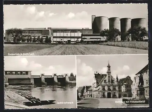 AK Rain /Lech, Zuckerfabrik, Lechkraftwerk, Rathaus mit Tillydenkmal