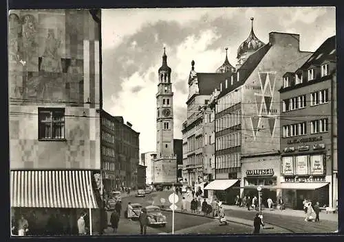 AK Augsburg, Maximilianstrasse mit Rathaus und Perlachturm