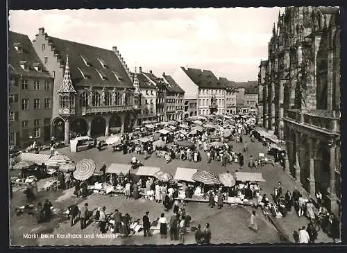 AK Freiburg /Schwarzwald, Markt beim Kaufhaus und Münster