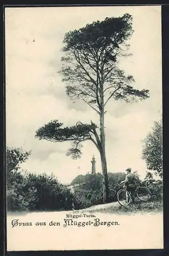 AK Berlin-Köpenick, Müggel-Turm mit Radfahrer