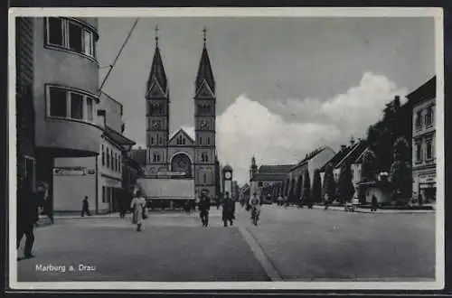 AK Maribor / Marburg, Strassenpartie mit Kirche