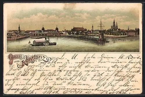 Lithographie Konstanz, Dampfer bei der Einfahrt in den Hafen