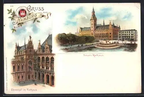 Lithographie Hamburg, Neues Rathaus, Blick in den Ehrenhof