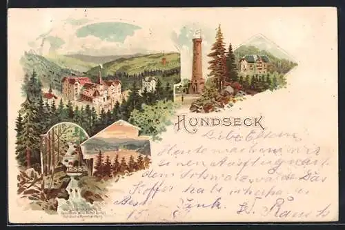 Lithographie Hundseck, Hotel, Wasserfall, Turm