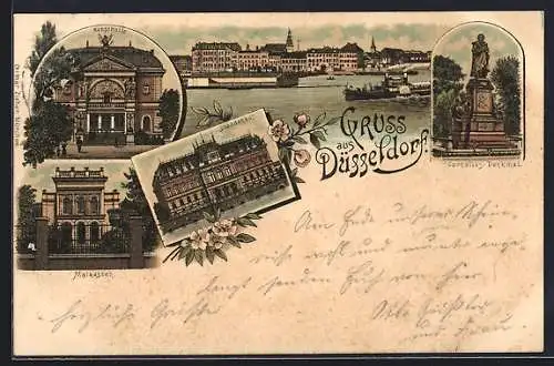 Lithographie Düsseldorf, Kunsthalle, Malkasten, Ständehaus, Cornelius-Denkmal