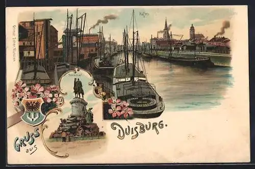 Lithographie Duisburg, Hafen mit Frachtkähnen, Denkmal