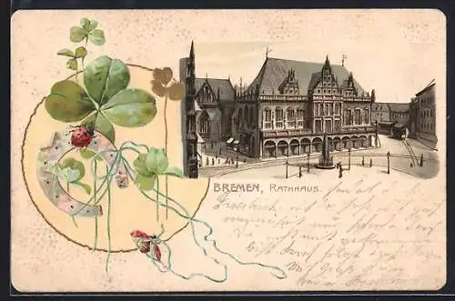 Passepartout-Lithographie Bremen, Strassenpartie am Rathaus, Kleeblatt, Marienkäfer