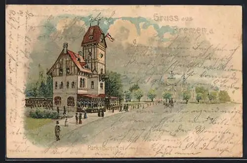 Lithographie Bremen, Strassenpartie am Park-Bahnhof