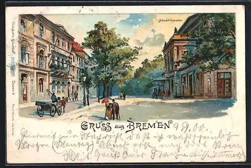 Lithographie Bremen, Stadttheater mit Fussgängern